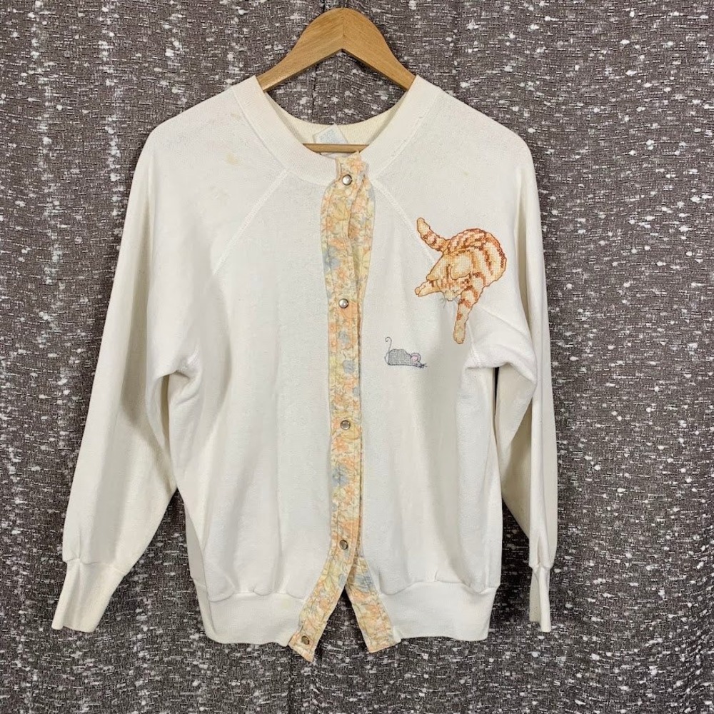 Vintage 20/20 Sport Cat Mouse Embroidery Snap‎ Front Cardigan Sweatshirt USA L